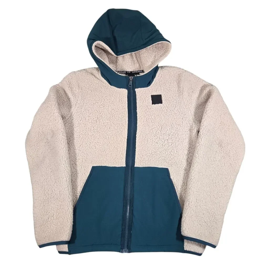 Under Armour Sherpa Fleece Full Zip Hooded Jacket Cream Teal Cold Gear Youth Lg